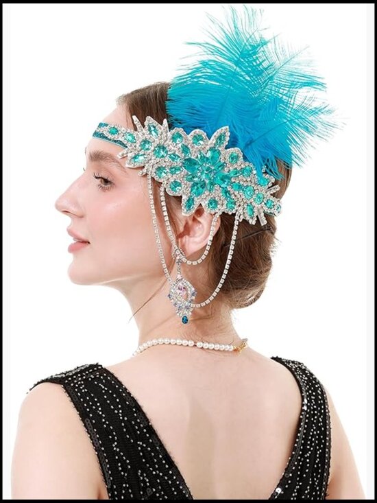 Feather Headpiece 1920s Flapper Headband Bling Rhinestone Great Gatsby Headwear